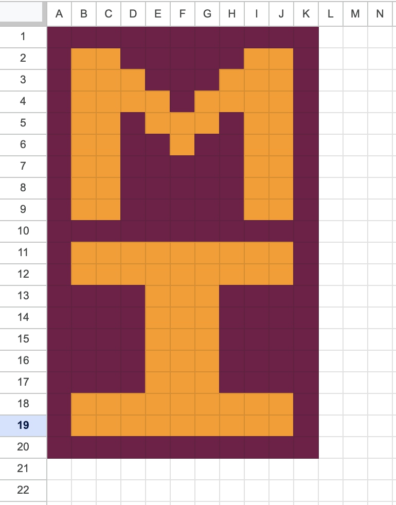Image of initials in Google Sheets (representing woven initials in loom)